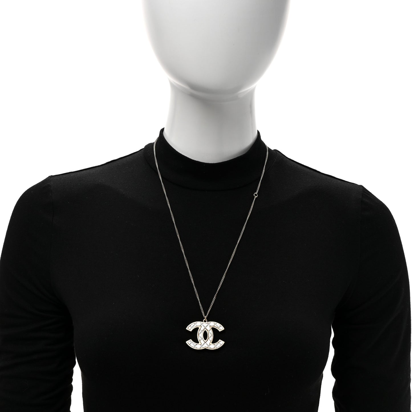 Metal Quilted CC Pendant Necklace Gold White