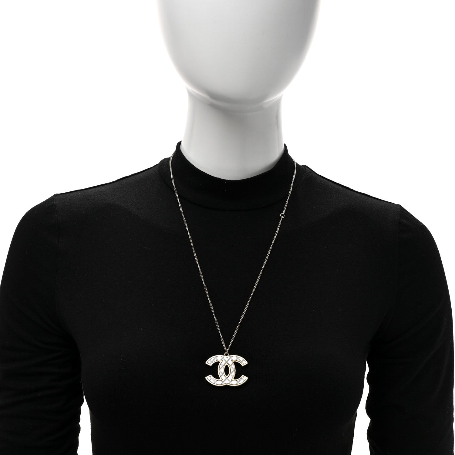 Chanel Metal Quilted CC Pendant Necklace Gold White 2 of 5