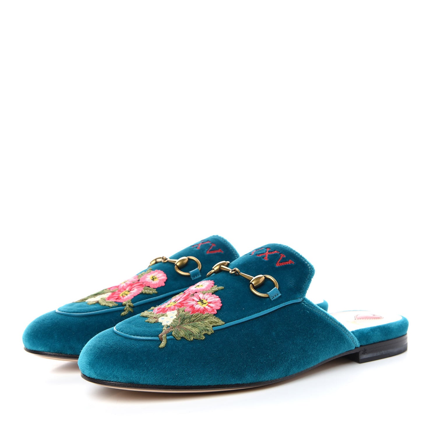 Velvet Floral Embroidered Womens Princetown Slippers 38.5 Pavone