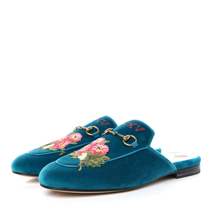 Gucci Velvet Floral Embroidered Womens Princetown Slippers 38.5 Pavone 3 of 8