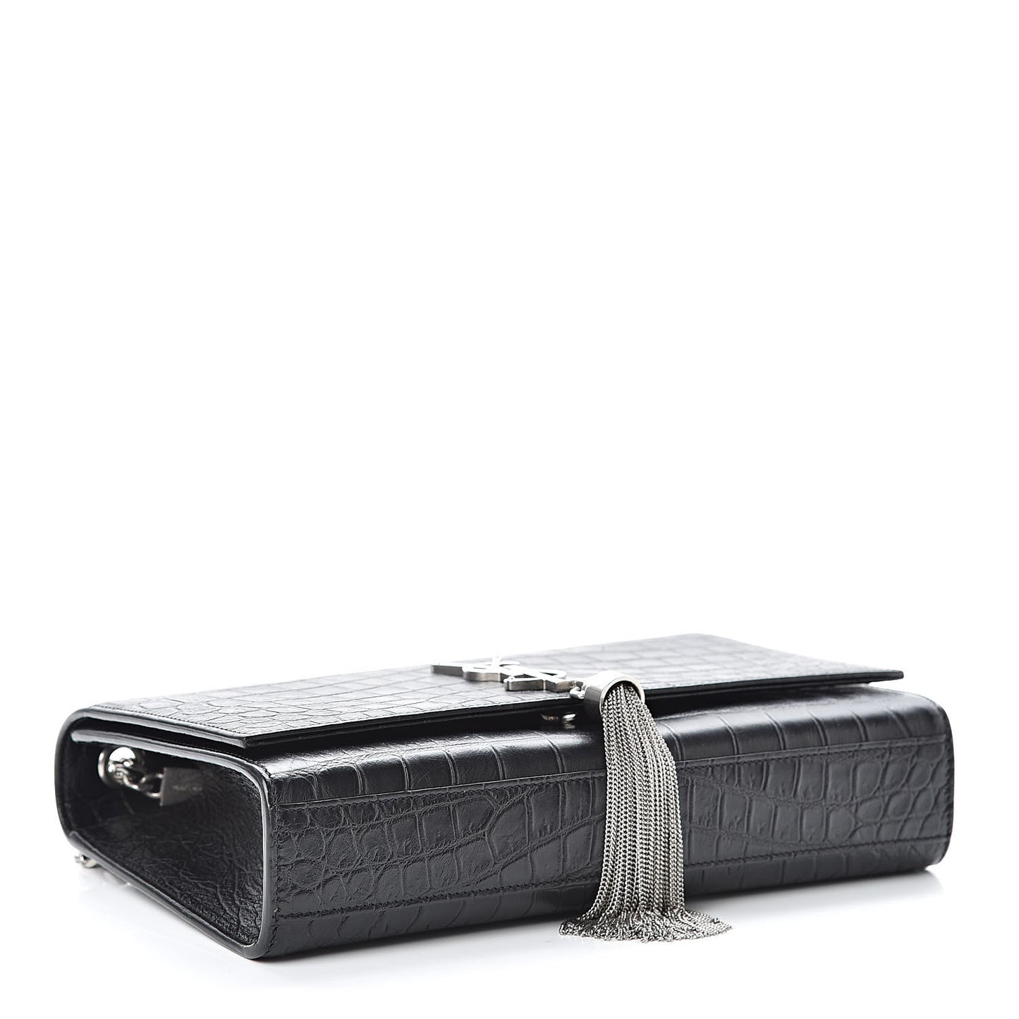 Calfskin Crocodile Embossed Medium Classic Monogram Kate Tassel Satchel Black