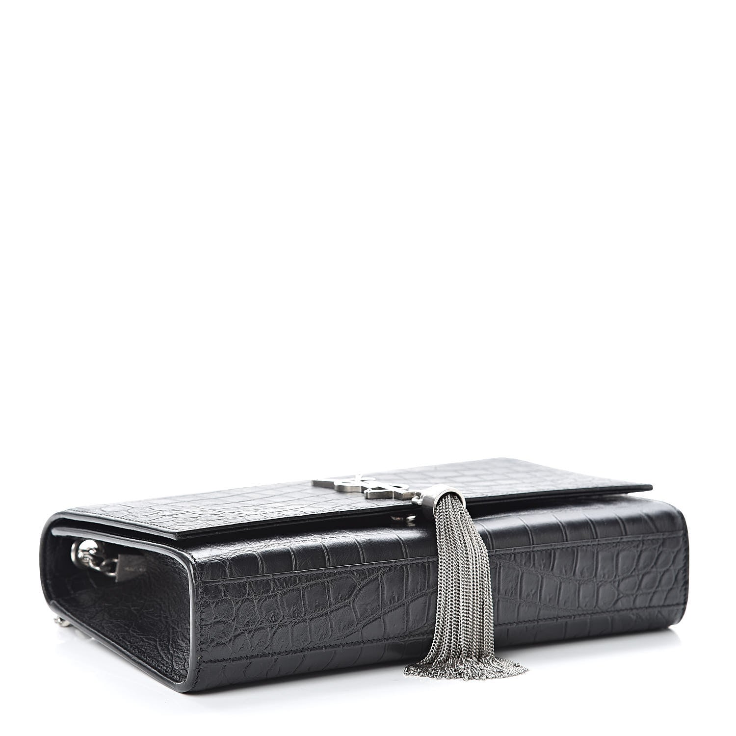 Saint Laurent Calfskin Crocodile Embossed Medium Classic Monogram Kate Tassel Satchel Black 4 of 10