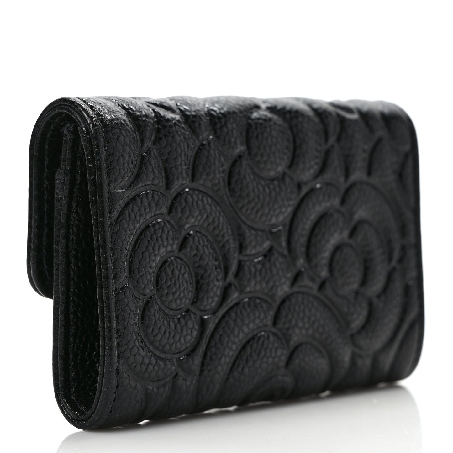 Caviar Camellia Embossed Card Holder Wallet Black