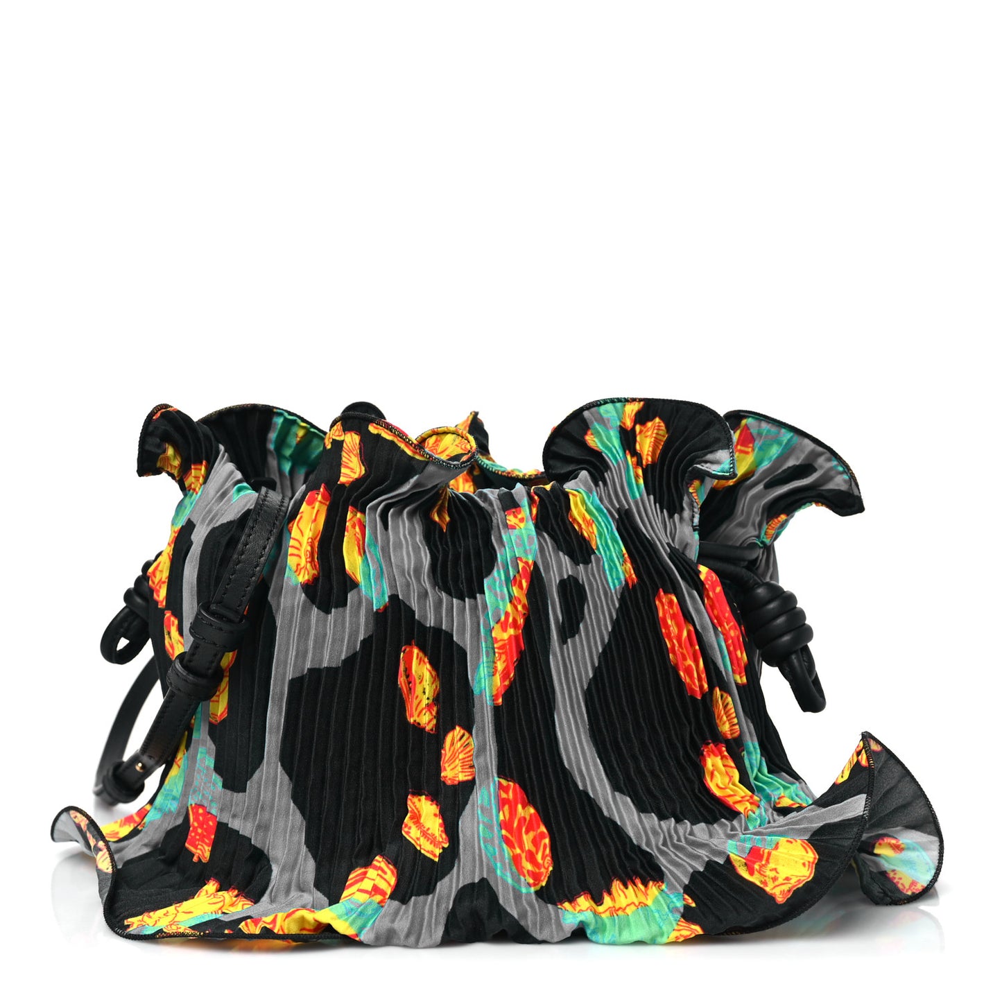 X PAULA'S IBIZA Satin Printed Mini Shell Flamenco Knot Shoulder Bag Black Multicolor