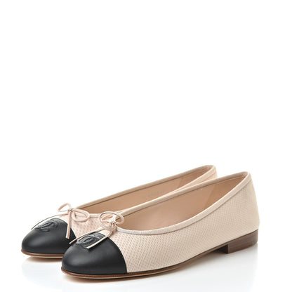 Chanel Lambskin Perforated Cap Toe Ballerina Flats 36 Beige Black 3 of 10