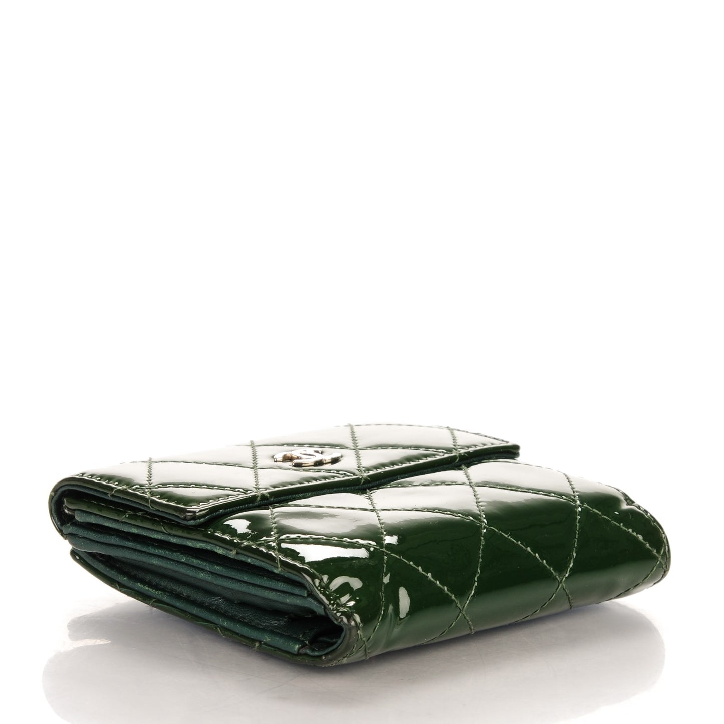 Patent Quilted Compact French Flap Wallet Dark Green