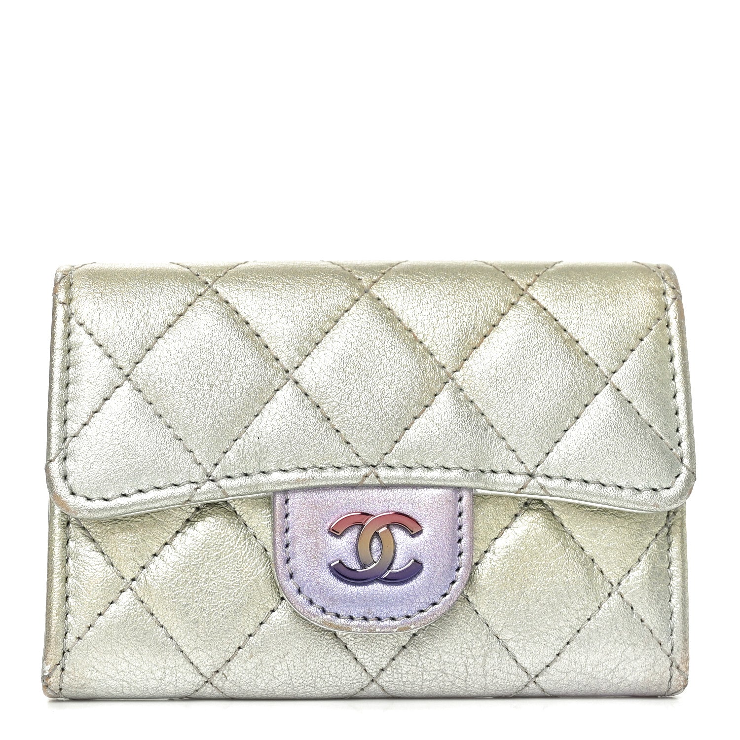 Chanel Gradient Metallic Calfskin Quilted Flap Card Holder Wallet Silver Blue Yellow Purple 1 of 8