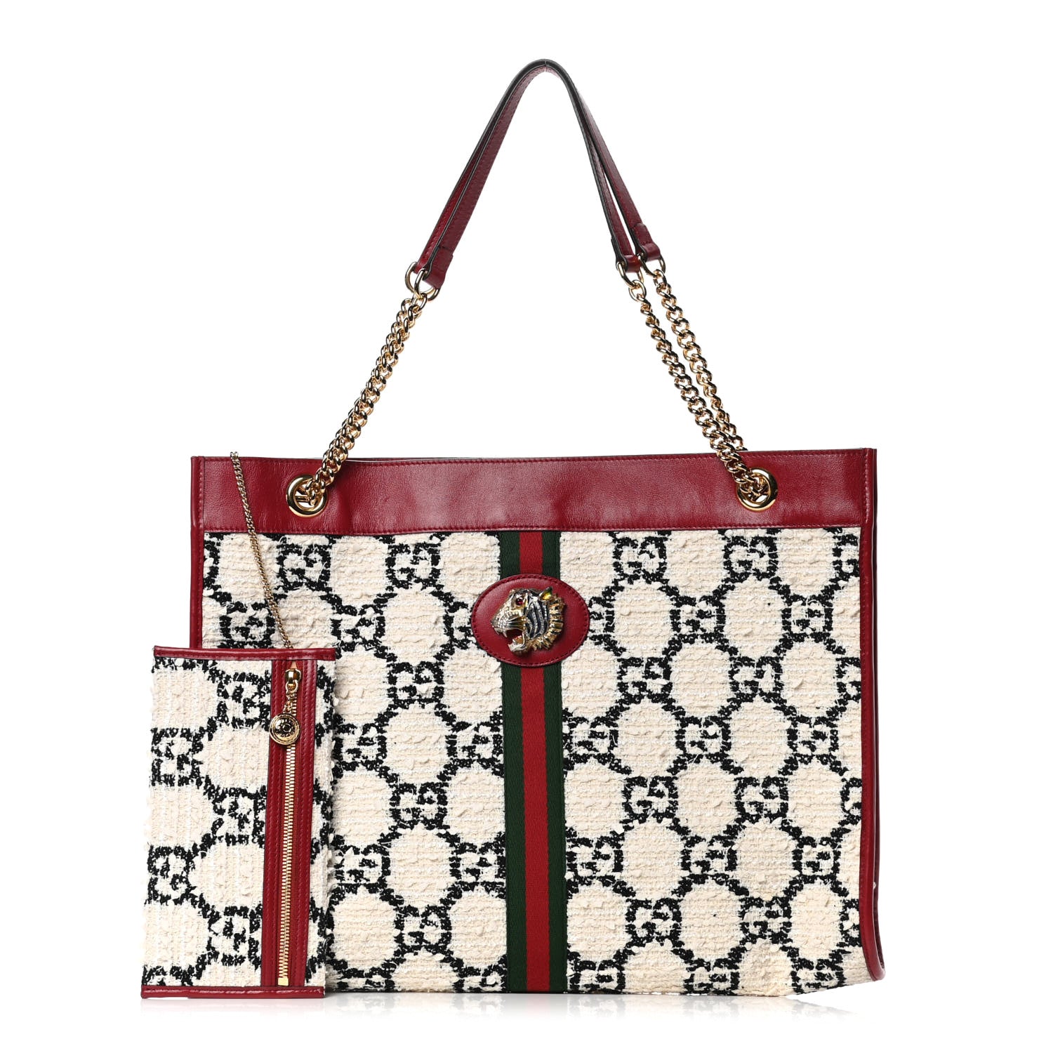 Gucci Tweed GG Monogram Large Rajah Chain Tote White Black Romantic Cherry 1 of 4