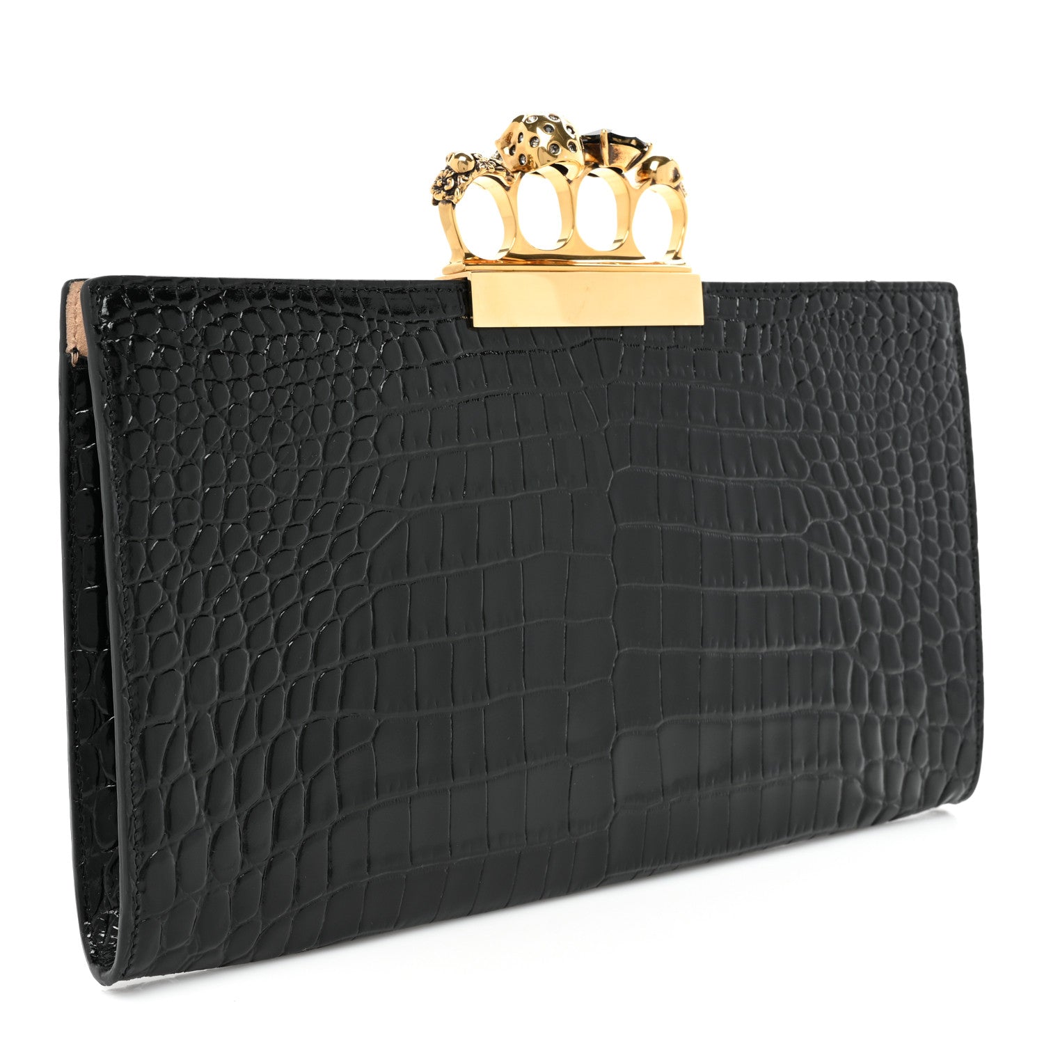 Alexander McQueen Calfskin Crocodile Embossed Knuckle Flat Clutch Black Gold 3 of 12