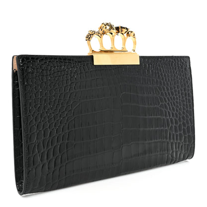 Alexander McQueen Calfskin Crocodile Embossed Knuckle Flat Clutch Black Gold 3 of 12