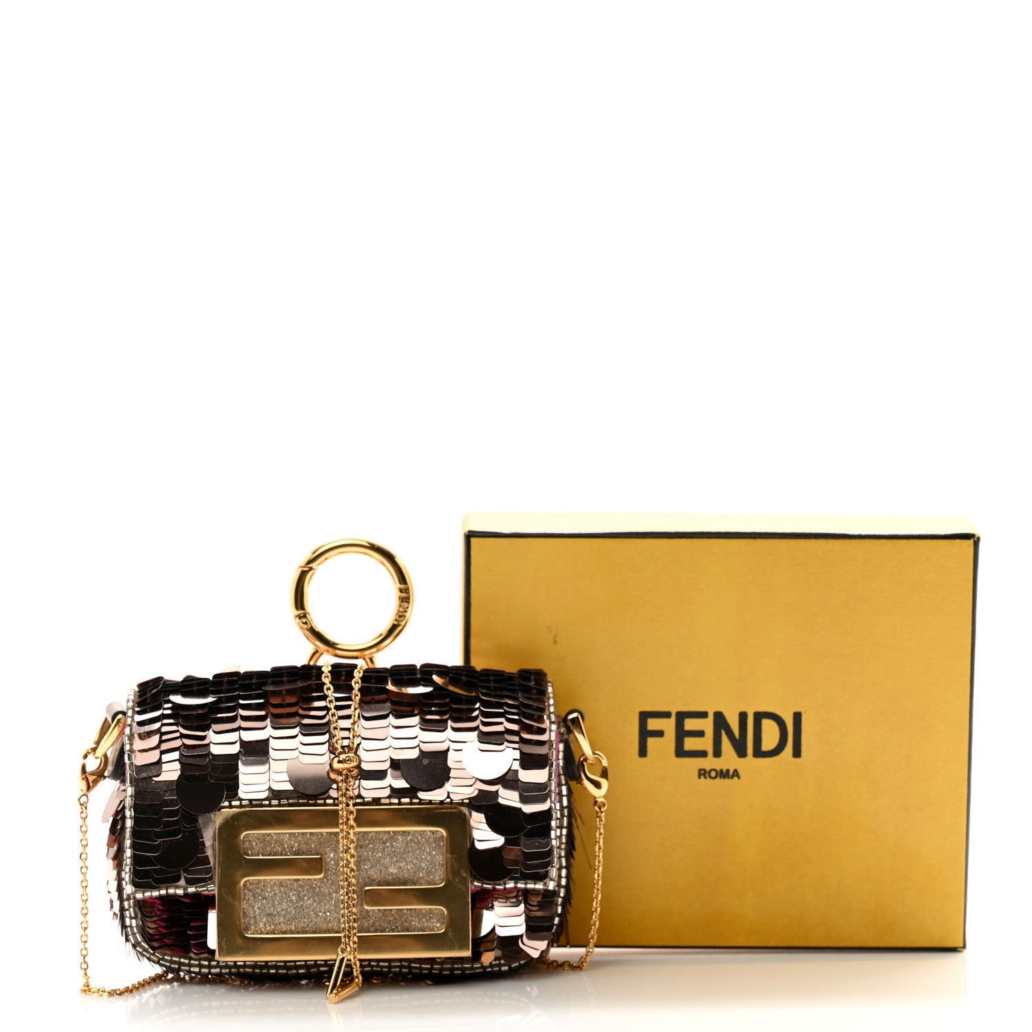 Fendi Sequin Paillettes Shiny Nappa Sex and the City Nano Maxi Buckle Baguette Charm Tortora 13 of 13