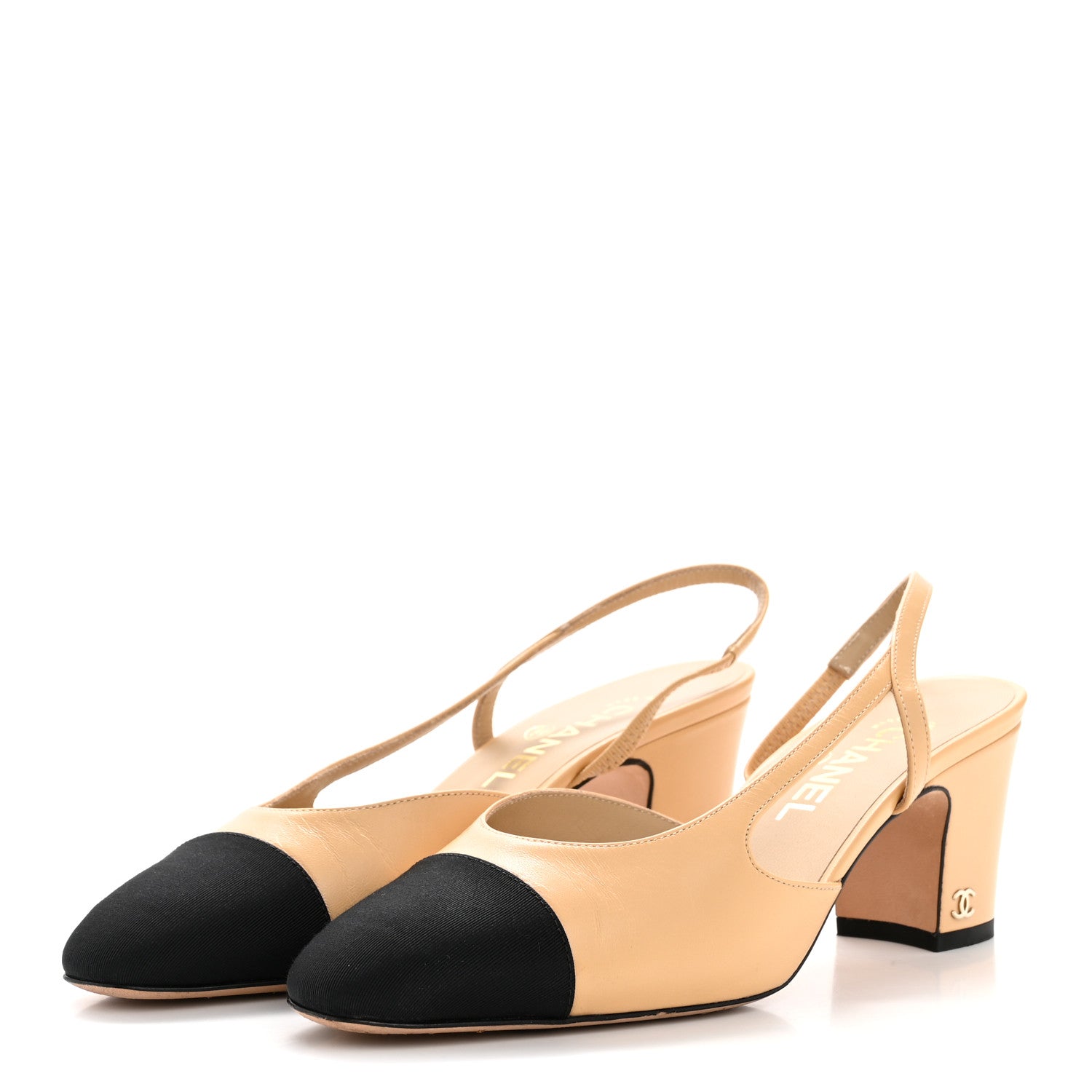 Chanel Goatskin Grosgrain Cap Toe CC Slingback Pumps 38 Beige Black 4 of 11