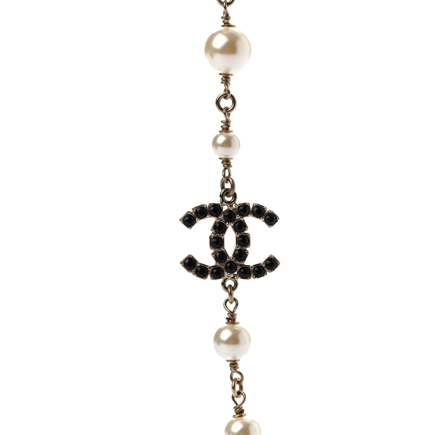 Pearl Crystal CC Long Necklace Black Gold