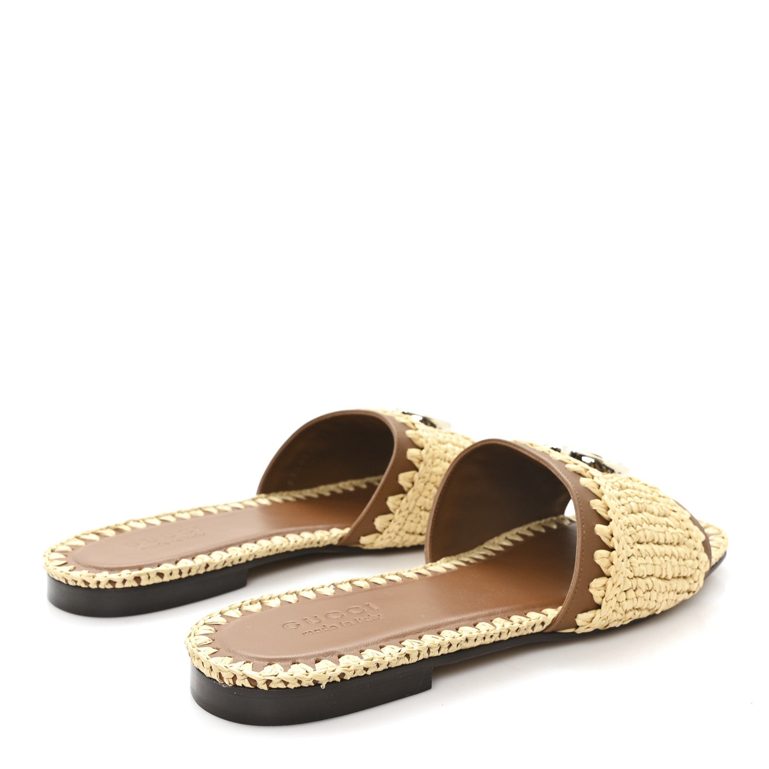 Gucci Raffia Interlocking G Flat Slide Sandals 37.5 Bright Natural Sundial 5 of 9