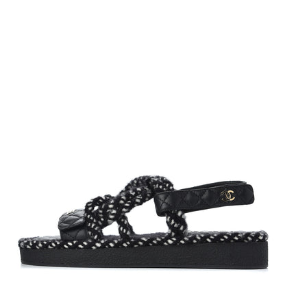 Chanel Cord Lambskin Quilted Logo Sandals 39 Black White 1 of 10