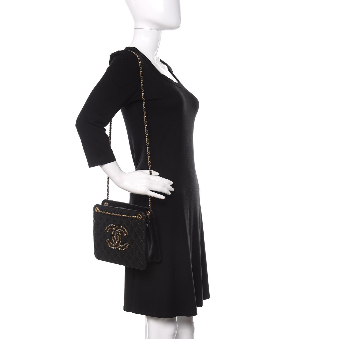 Calfskin Quilted CC Chain Accordion Tote Black