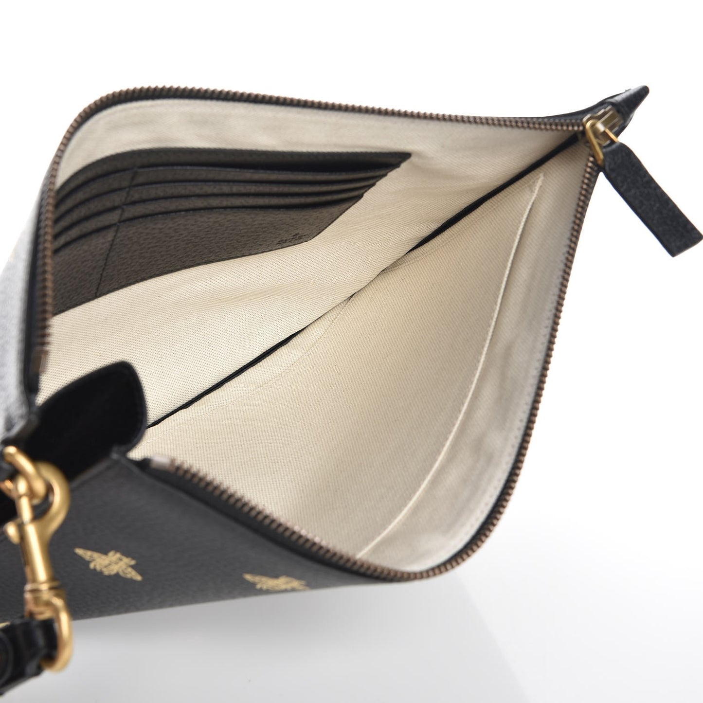 Dollar Calfskin Boar Effect Bee Star Zip Wristlet Pouch Black
