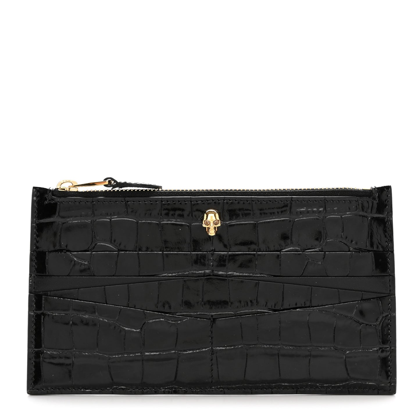Calfskin Crocodile Embossed Skull Zip Wallet Card Holder Black