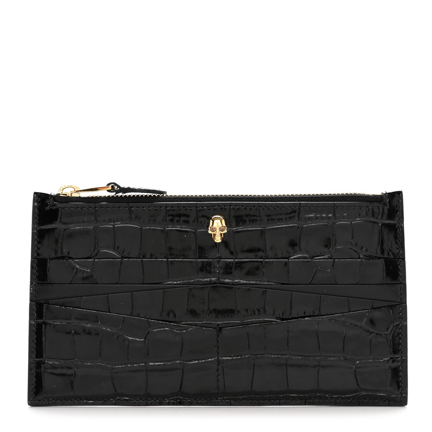 Alexander McQueen Calfskin Crocodile Embossed Skull Zip Wallet Card Holder Black 1 of 9
