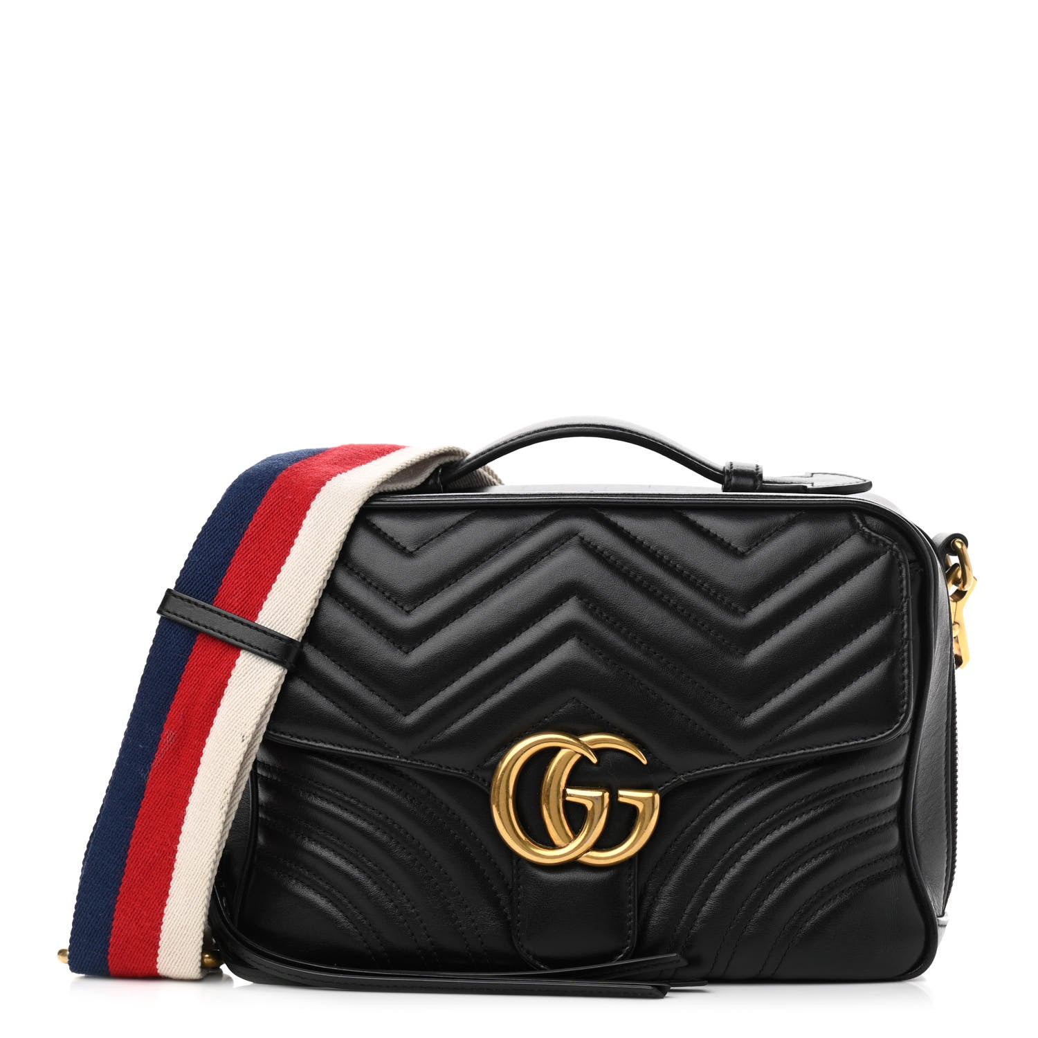 Gucci Calfskin Matelasse Sylvie Web Small GG Marmont Top Handle Shoulder Bag Black 1 of 12