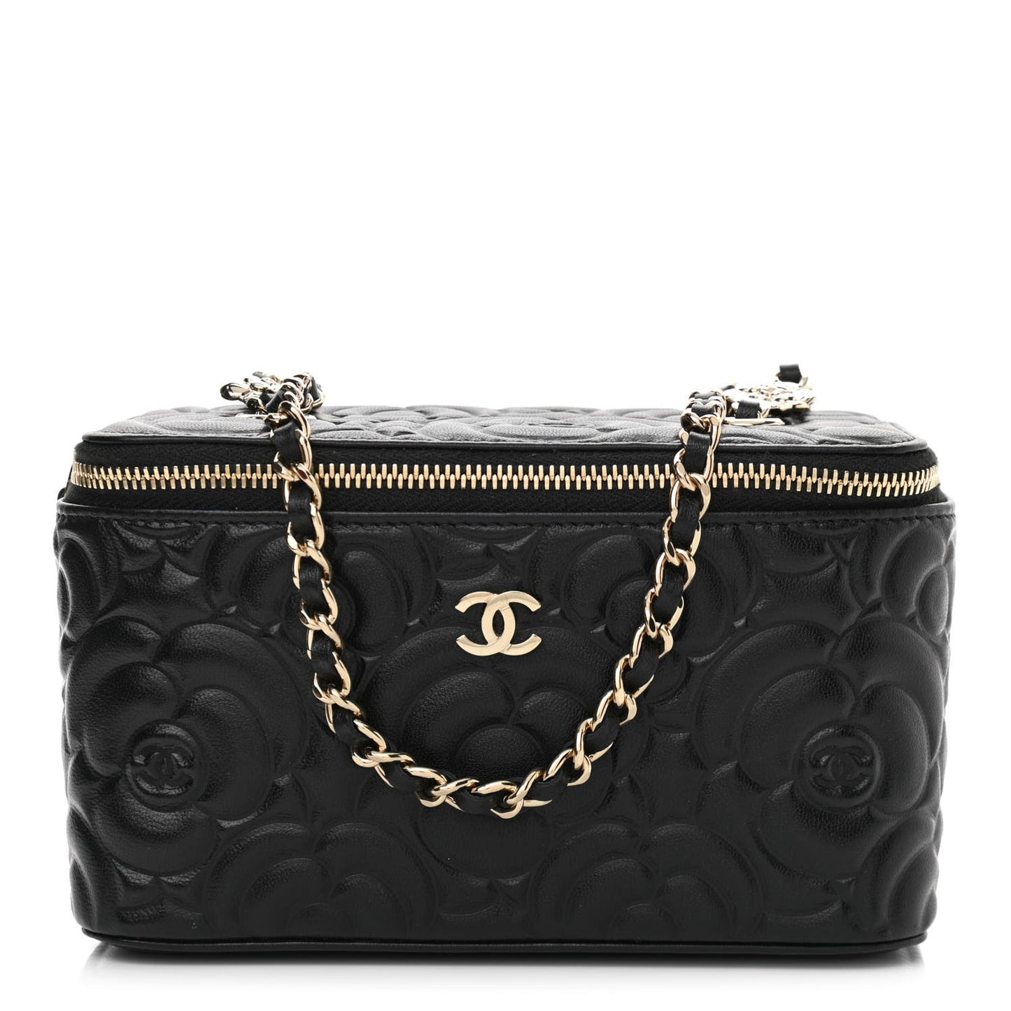 Lambskin Camellia Embossed Small Vanity Case With Chain Black