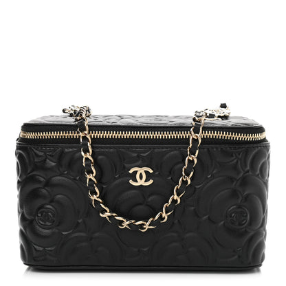 Chanel Lambskin Camellia Embossed Small Vanity Case With Chain Black 1 of 11