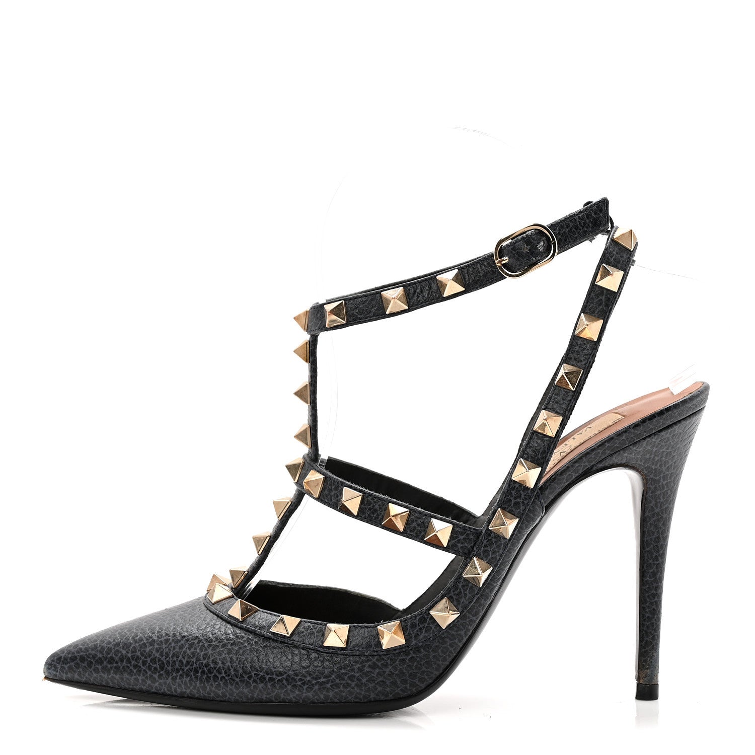 Valentino Garavani Pebbled Calfskin Rockstud Ankle Strap 100mm Pumps 37.5 Deep Denim 1 of 10