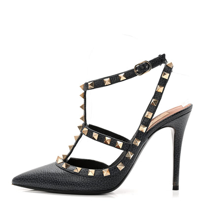 Valentino Garavani Pebbled Calfskin Rockstud Ankle Strap 100mm Pumps 37.5 Deep Denim 1 of 10
