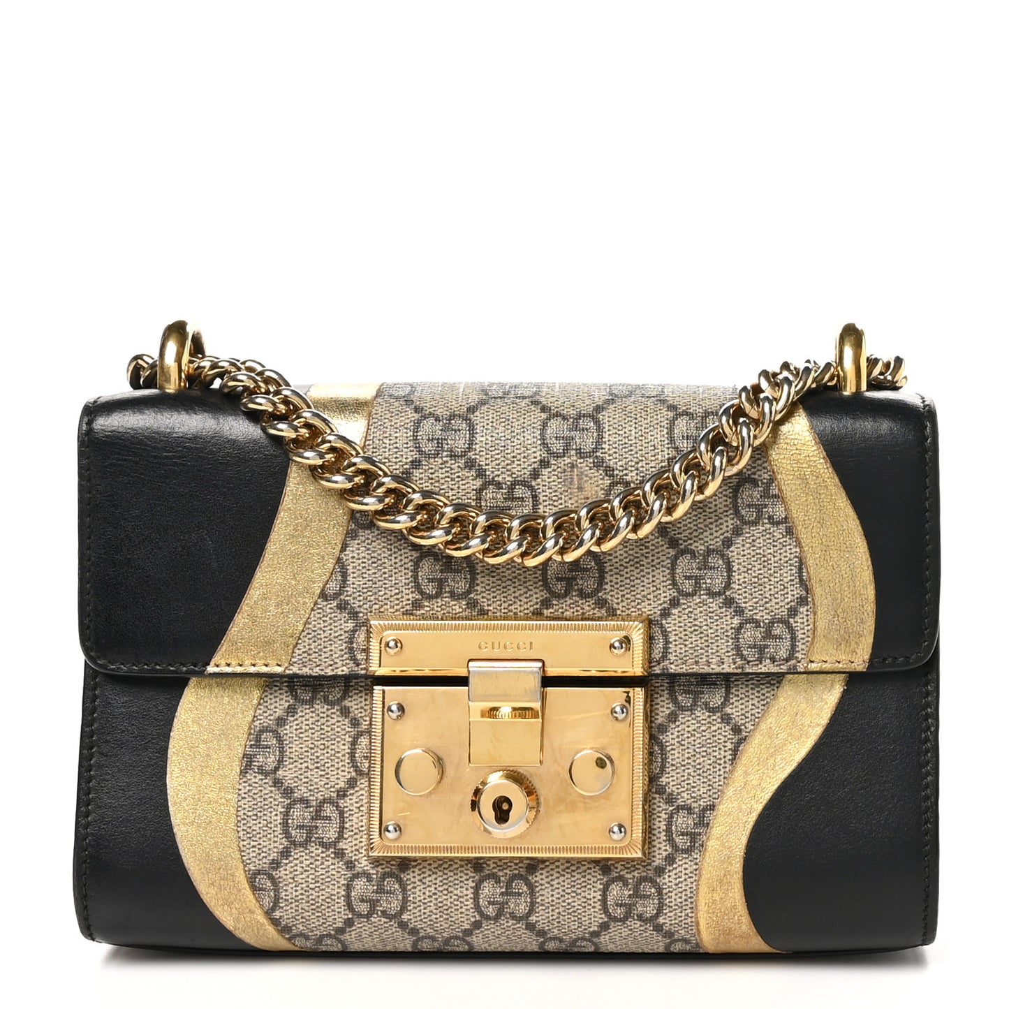 Calfskin GG Supreme Monogram Small Padlock Shoulder Bag Black Gold