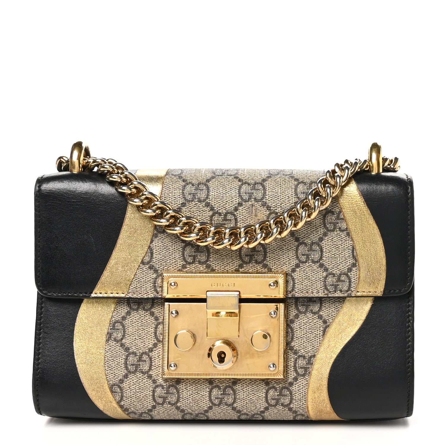 Gucci Calfskin GG Supreme Monogram Small Padlock Shoulder Bag Black Gold 1 of 10