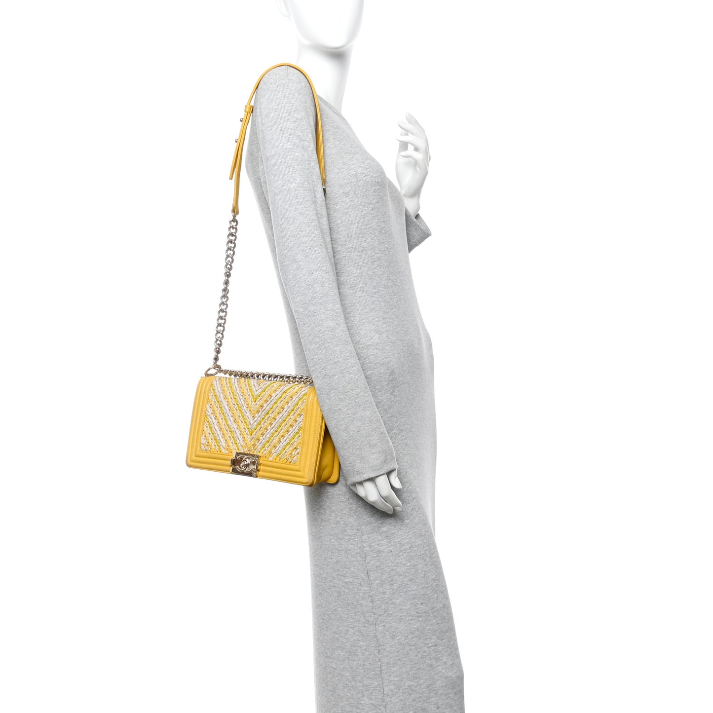 Calfskin Chevron Embroidered Medium Flap Yellow