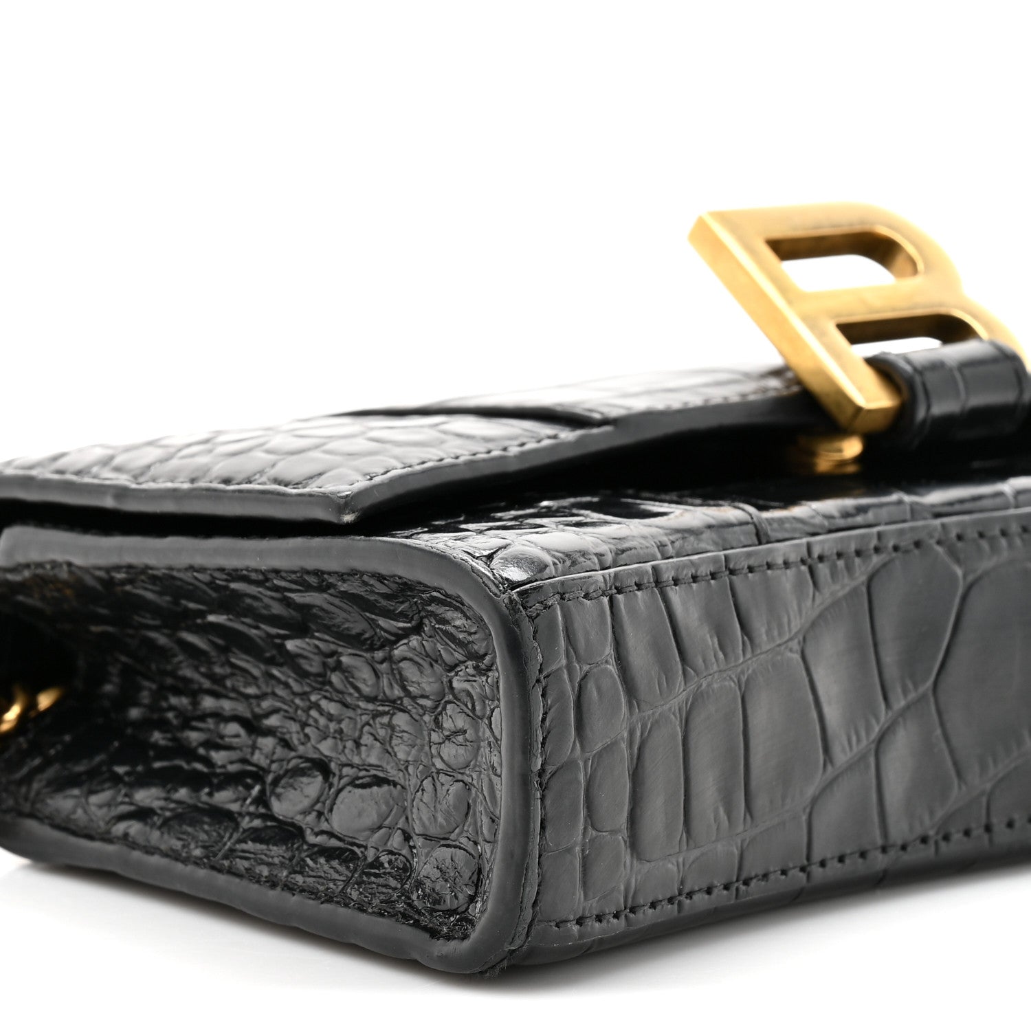 Balenciaga Shiny Calfskin Crocodile Embossed Hourglass Chain Bag Black 10 of 10