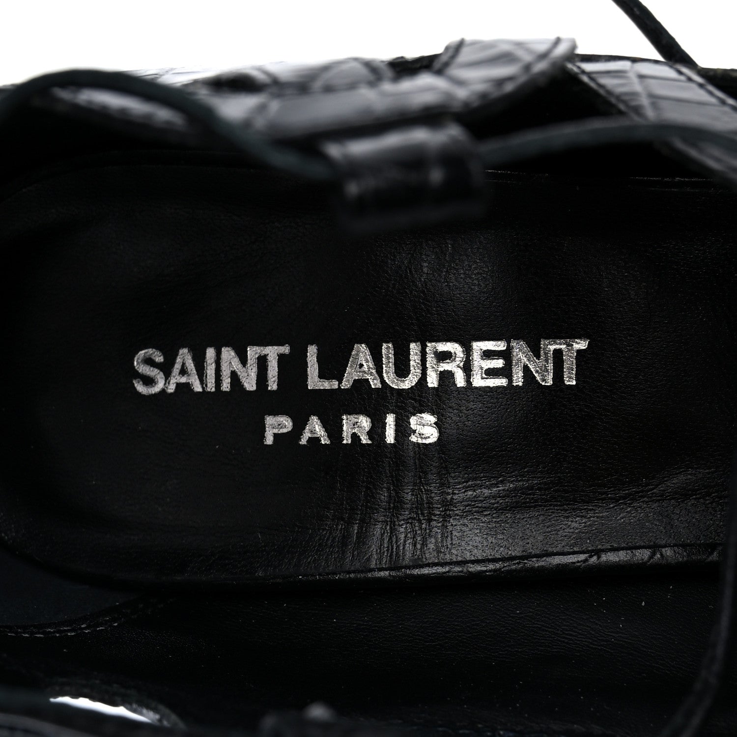 Saint Laurent Calfskin Crocodile Embossed Tribute 16 Lace Up Platform Sandals 40 Black 7 of 10