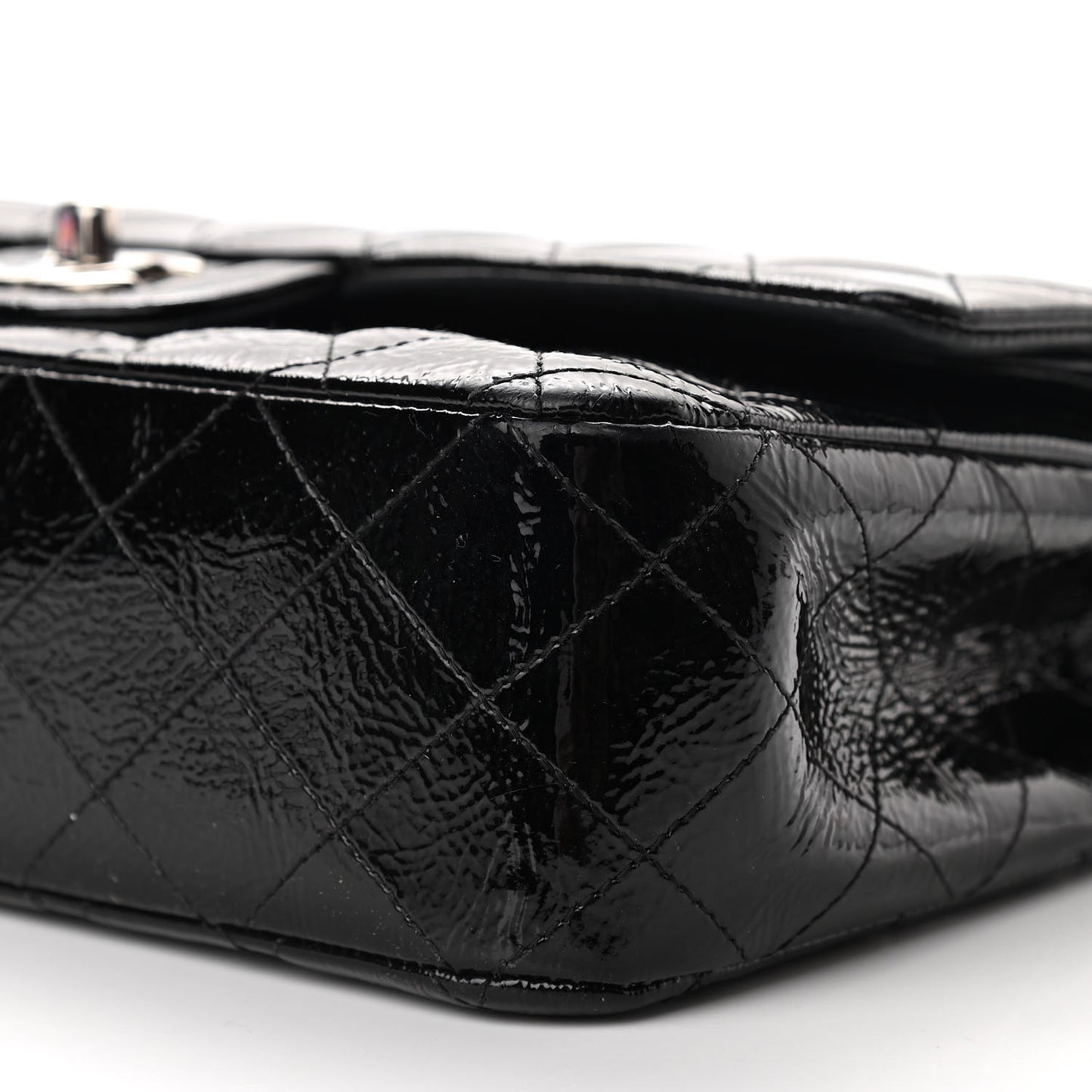 Distressed Patent Quilted Medium Double Flap Black