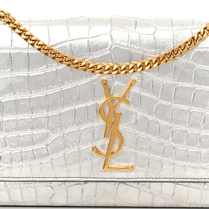 Saint Laurent Calfskin Crocodile Embossed Monogram Chain Wallet Argento 7 of 11