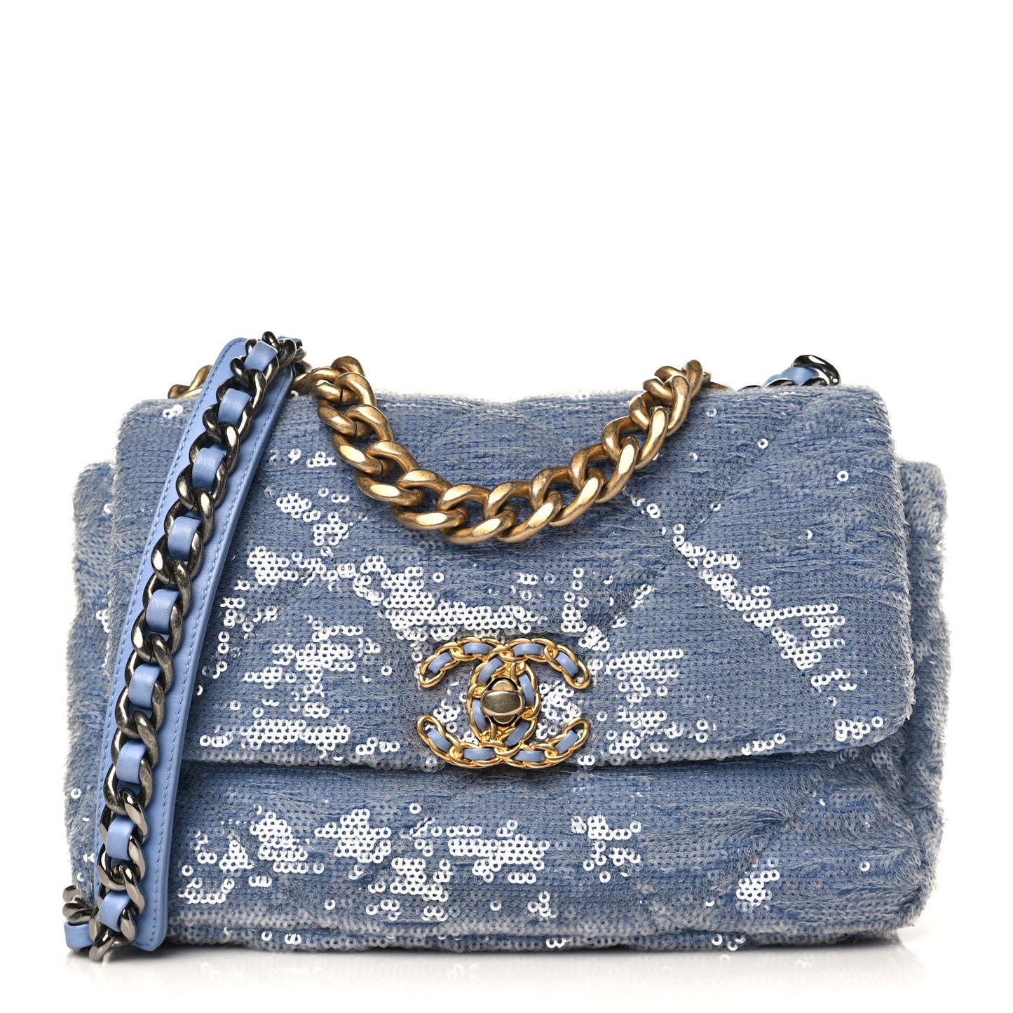 Sequin Quilted Medium Chanel 19 Flap Light Blue
