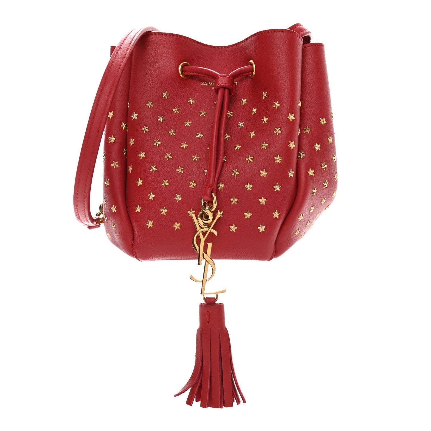Calfskin Star Studded Small Monogram Bucket Bag Red