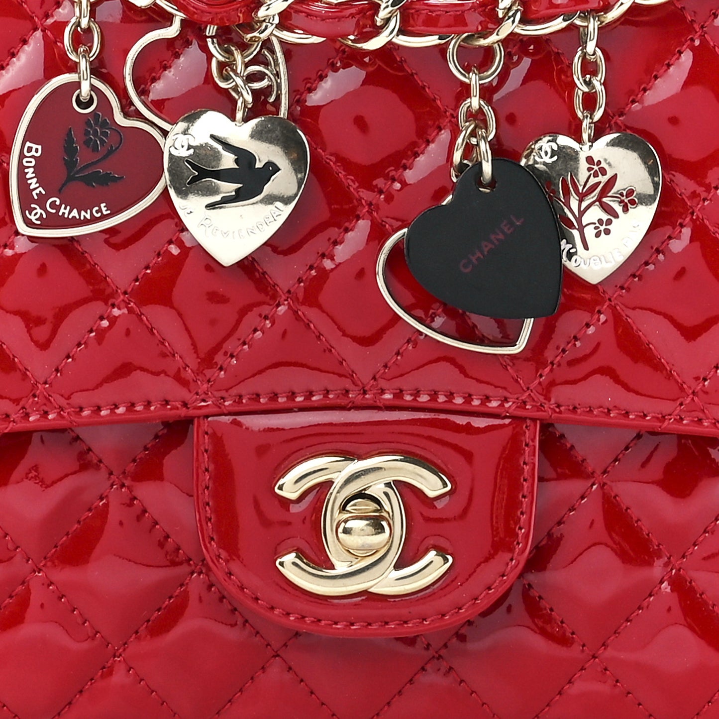 Patent Calfskin Quilted Valentine Charms Medium Single Flap Red