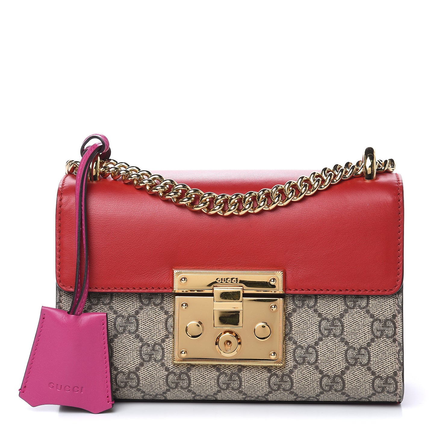 GG Supreme Monogram Calfskin Small Padlock Shoulder Bag Beige Hibiscus Red New Rosette