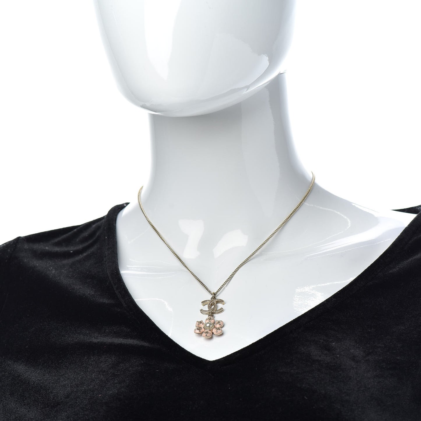 Enamel Pearl CC Flower Necklace Gold Pink
