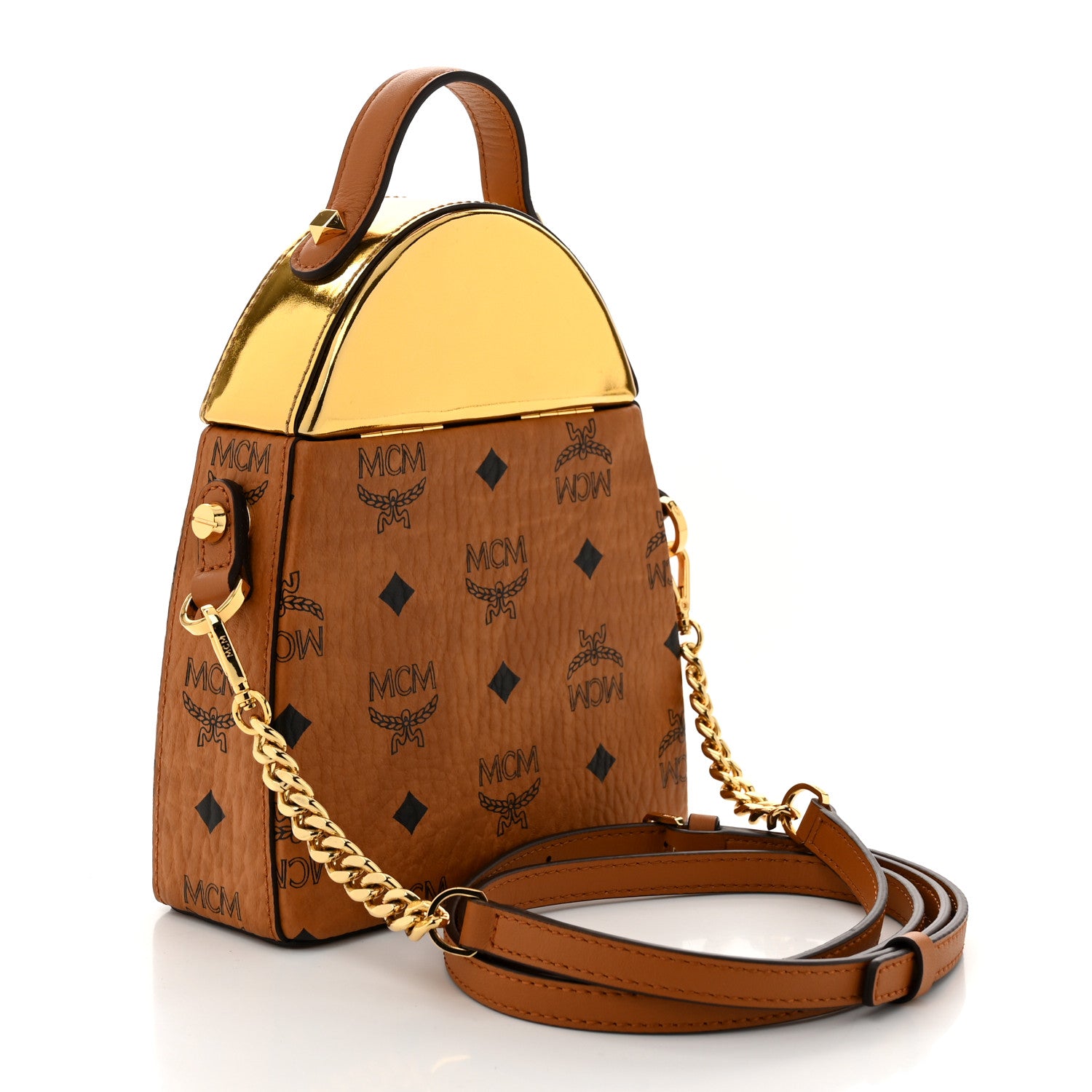 MCM Metallic Calfskin Visetos Stark Pushlock Clutch Cognac 3 of 9