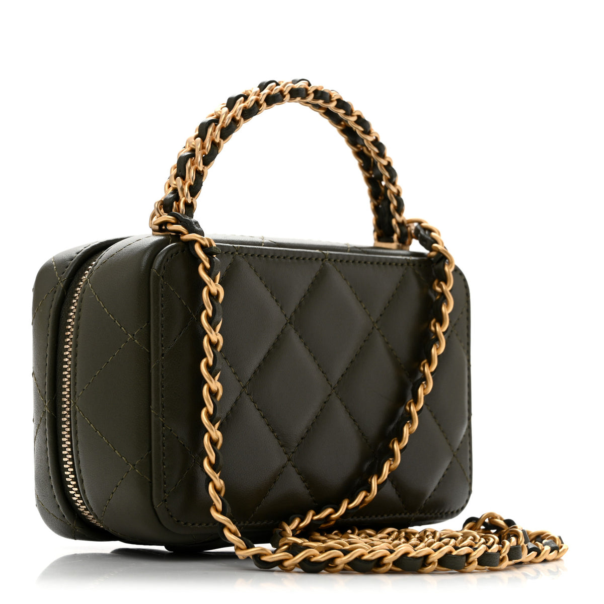 Lambskin Quilted Mini Chain Top Handle Vanity Case Dark Khaki