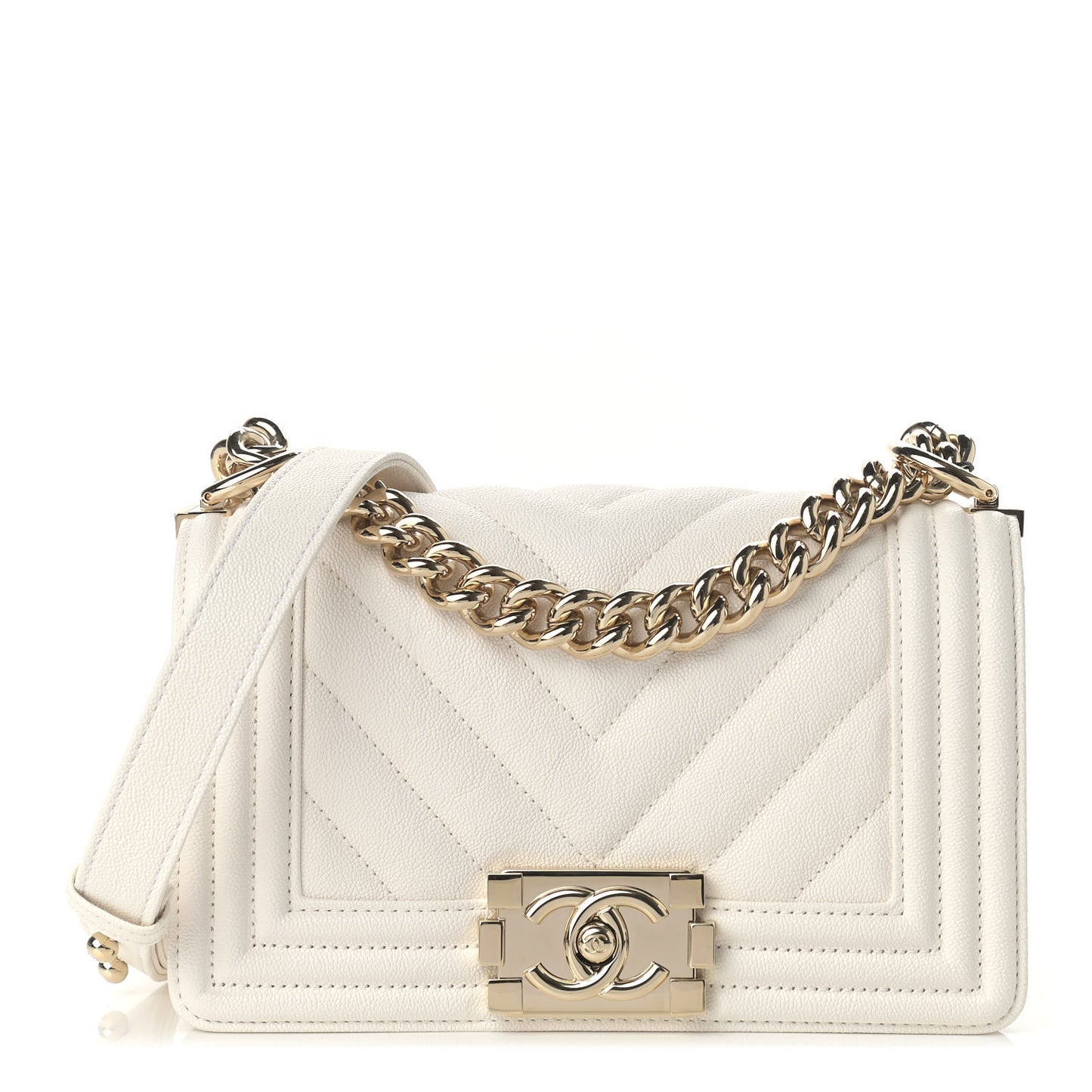 Caviar Chevron Quilted Small Boy Flap White