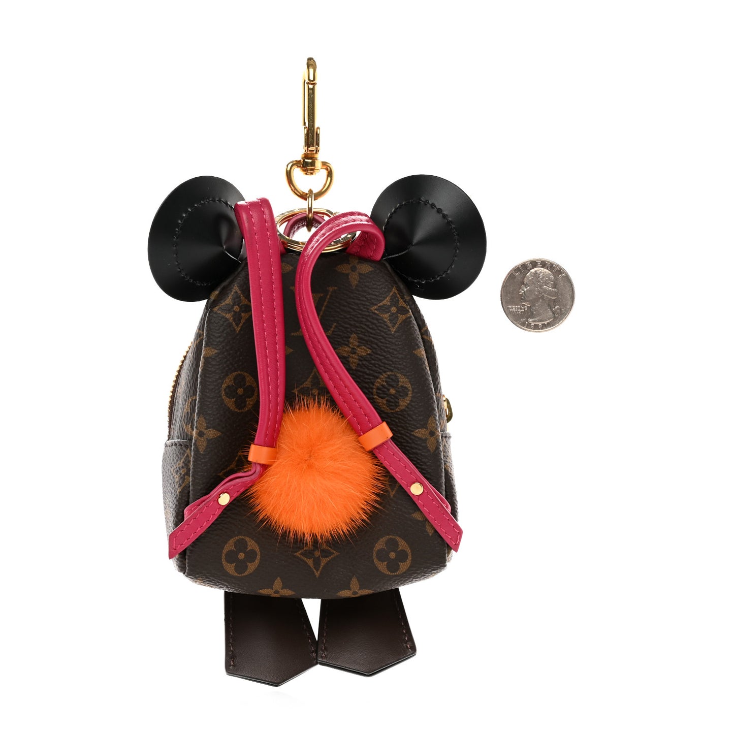 Monogram Calfskin Mink Fur Palm Springs Bear Bag Charm Key Holder Pink Orange