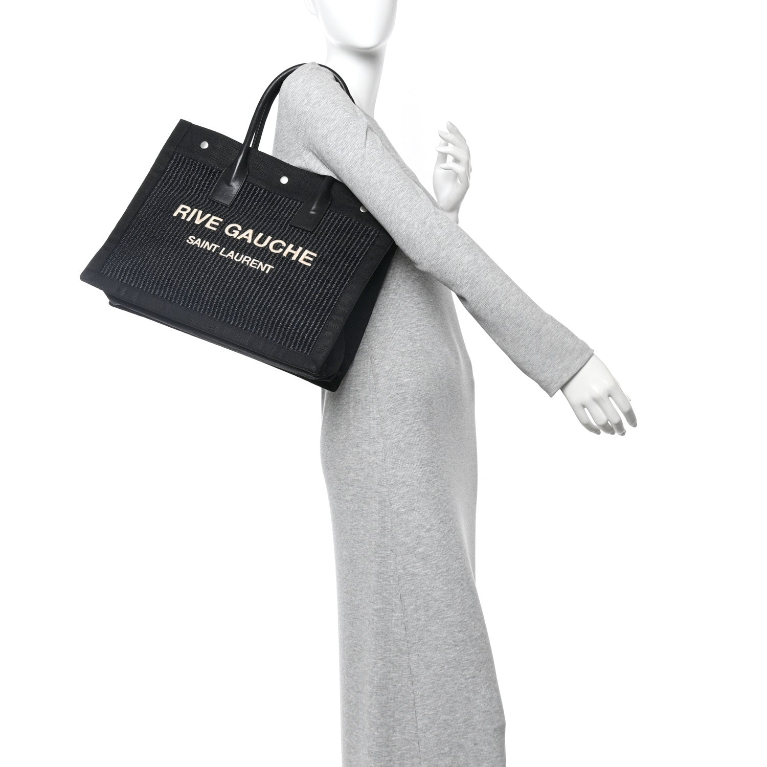 Saint Laurent Raffia Linen Calfskin Rive Gauche Tote Black 2 of 10