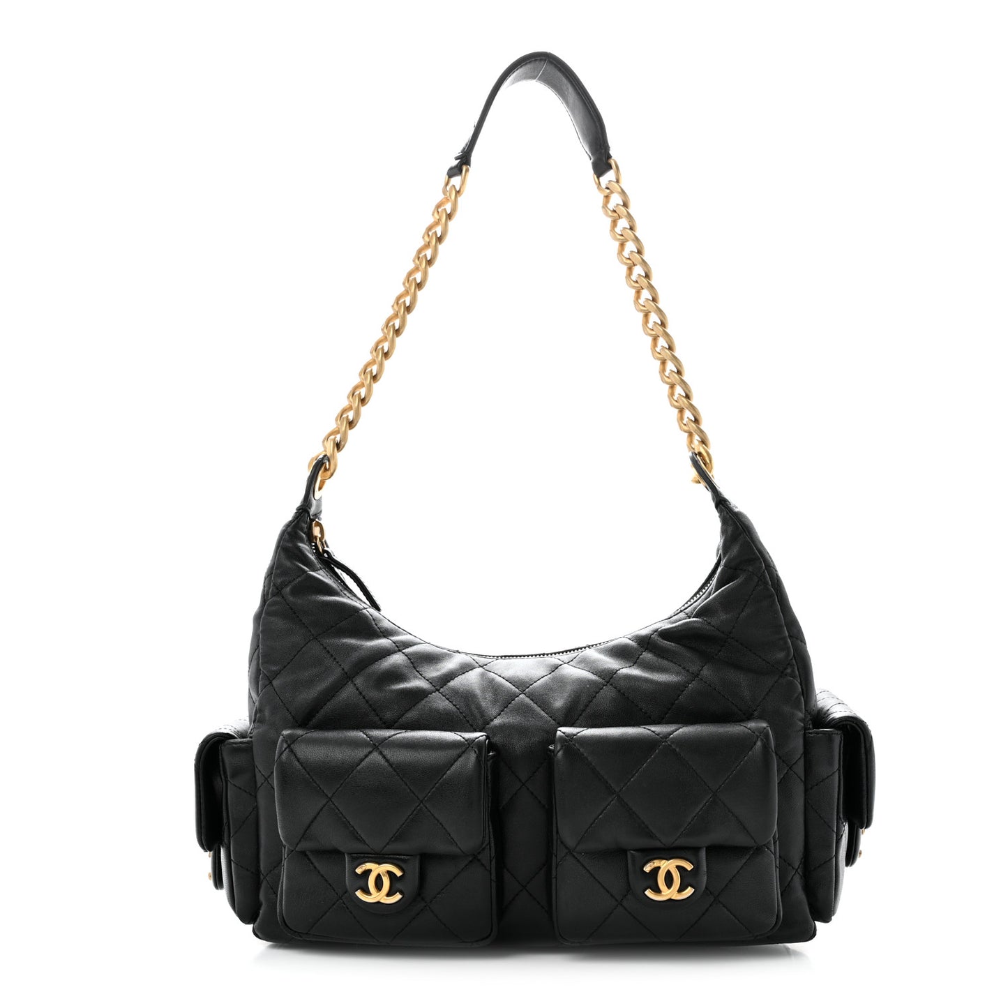 Shiny Lambskin Quilted Large Trendy Pockets Hobo Black