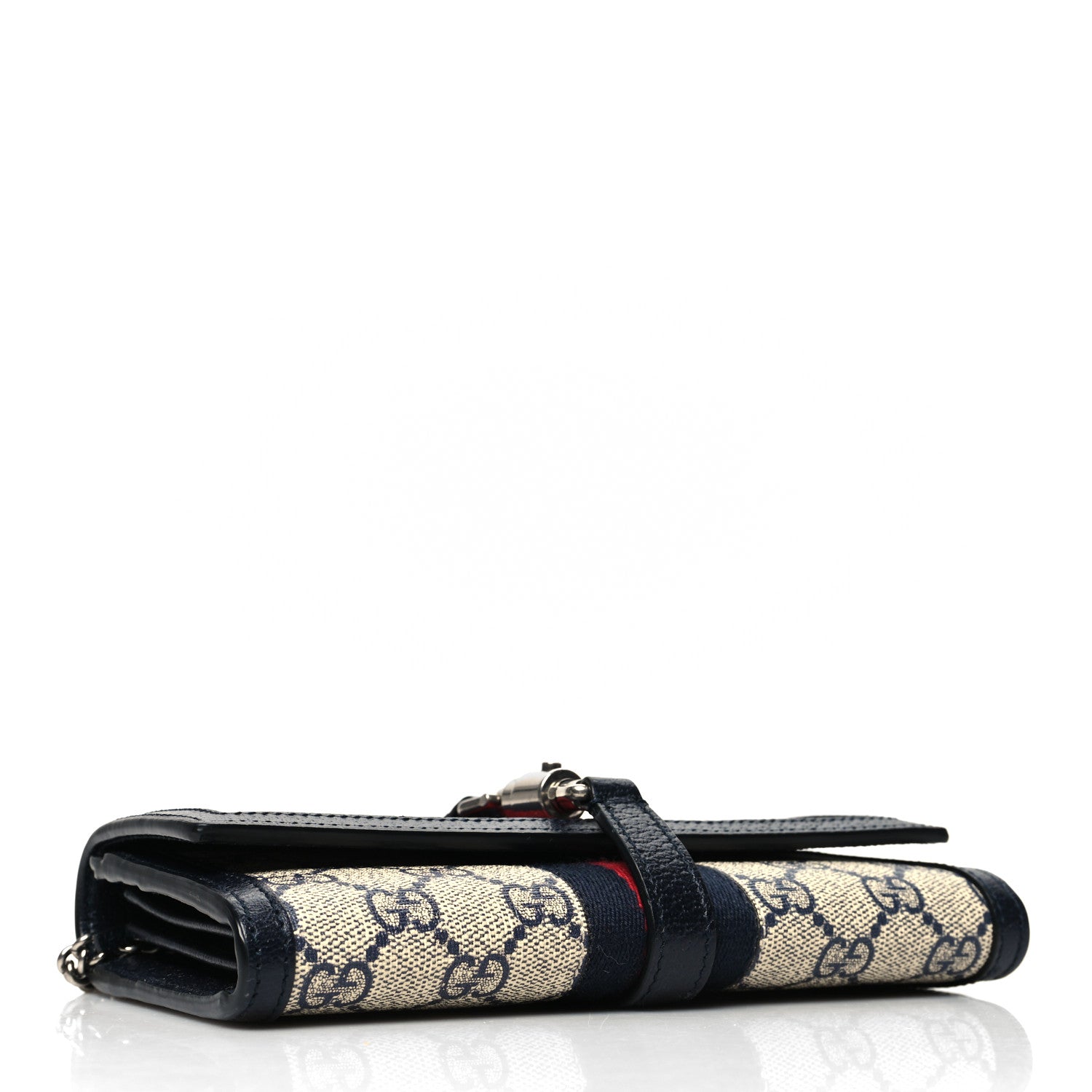 Gucci GG Supreme Monogram Textured Dollar Calfskin Web Jackie 1961 Chain Wallet Beige Blue 3 of 9