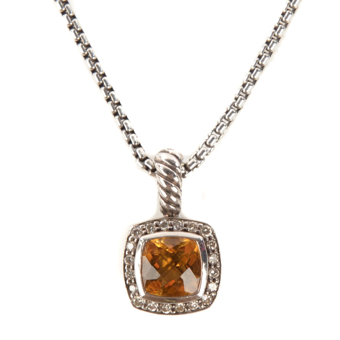 Sterling Silver Pave Diamond Citrine 7mm Petite Albion Pendant Necklace