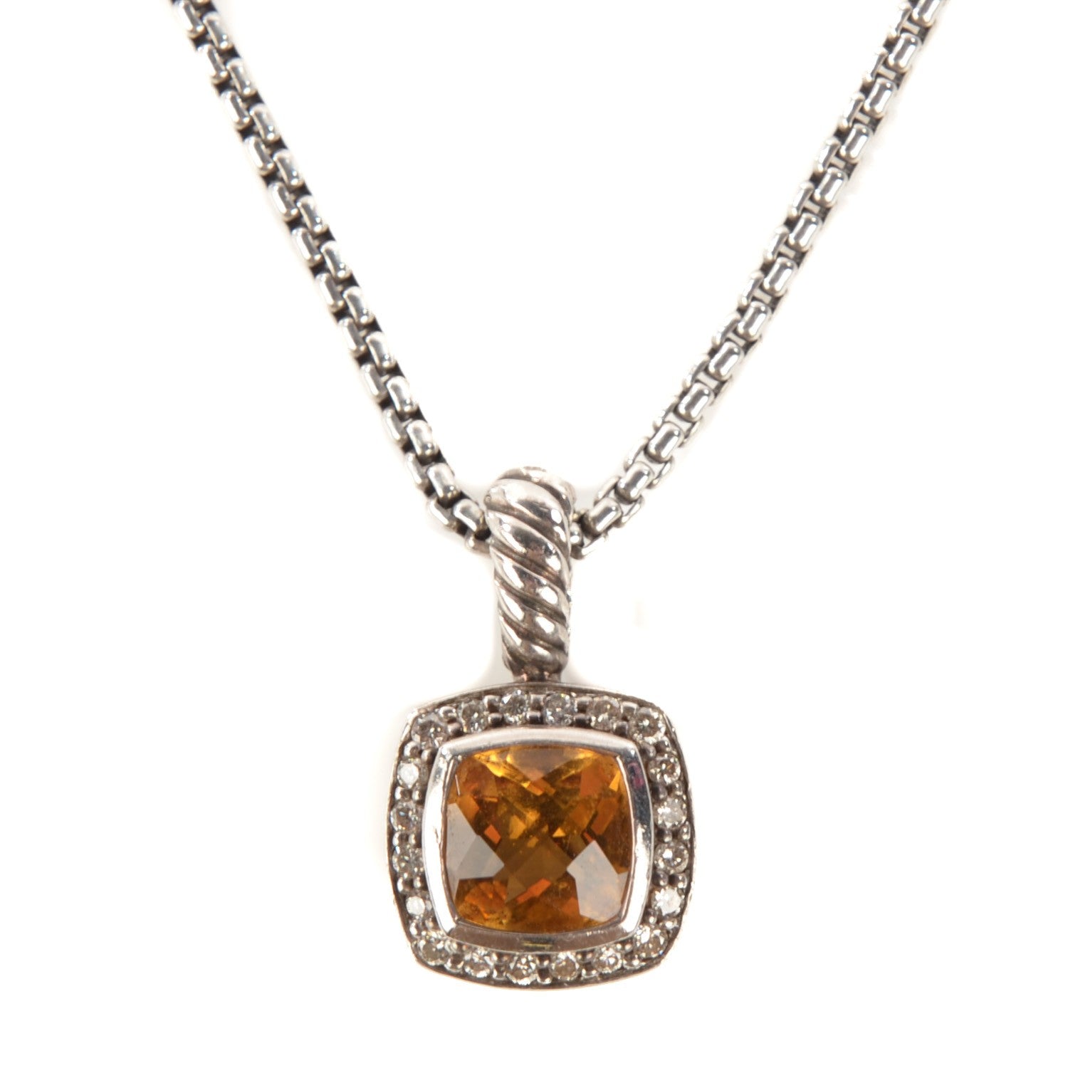 David Yurman Sterling Silver Pave Diamond Citrine 7mm Petite Albion Pendant Necklace 5 of 10