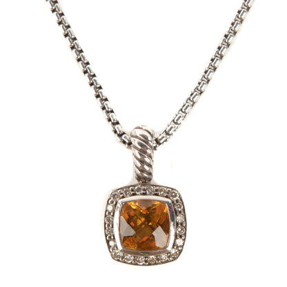 David Yurman Sterling Silver Pave Diamond Citrine 7mm Petite Albion Pendant Necklace 5 of 10